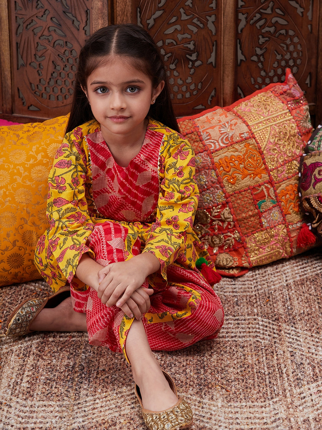 Pspeaches Girls Floral Printed Pure Cotton A-Line Kurti With Dhoti Pants (DH-YELLOWJAAL)