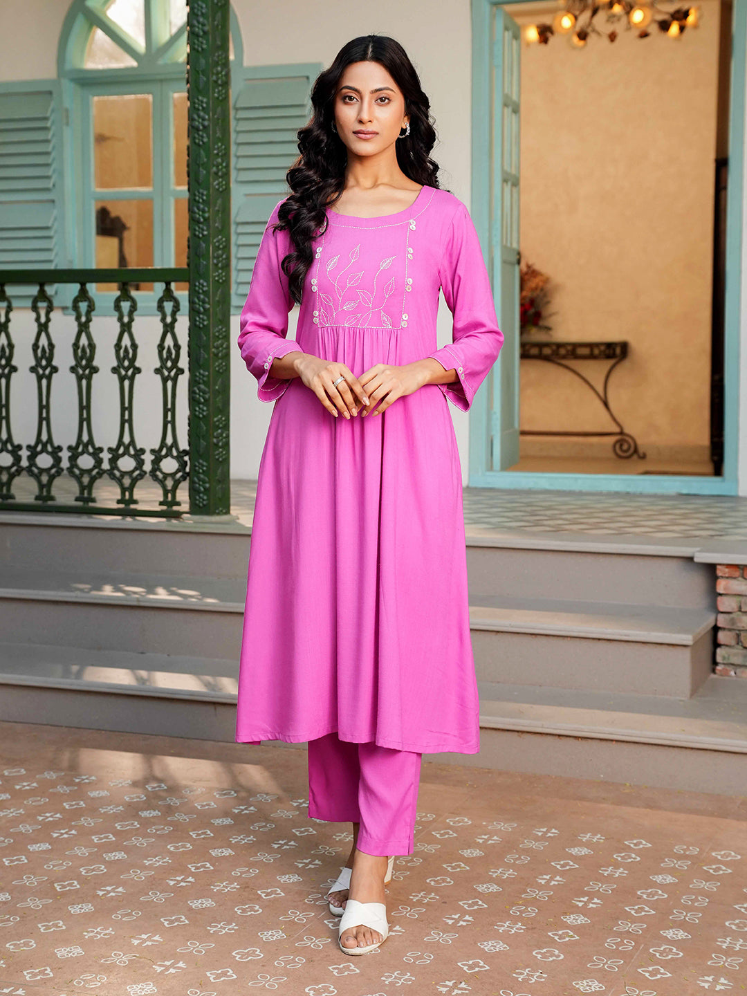 Lilac Blush Embroidered Rayon Kurta Set