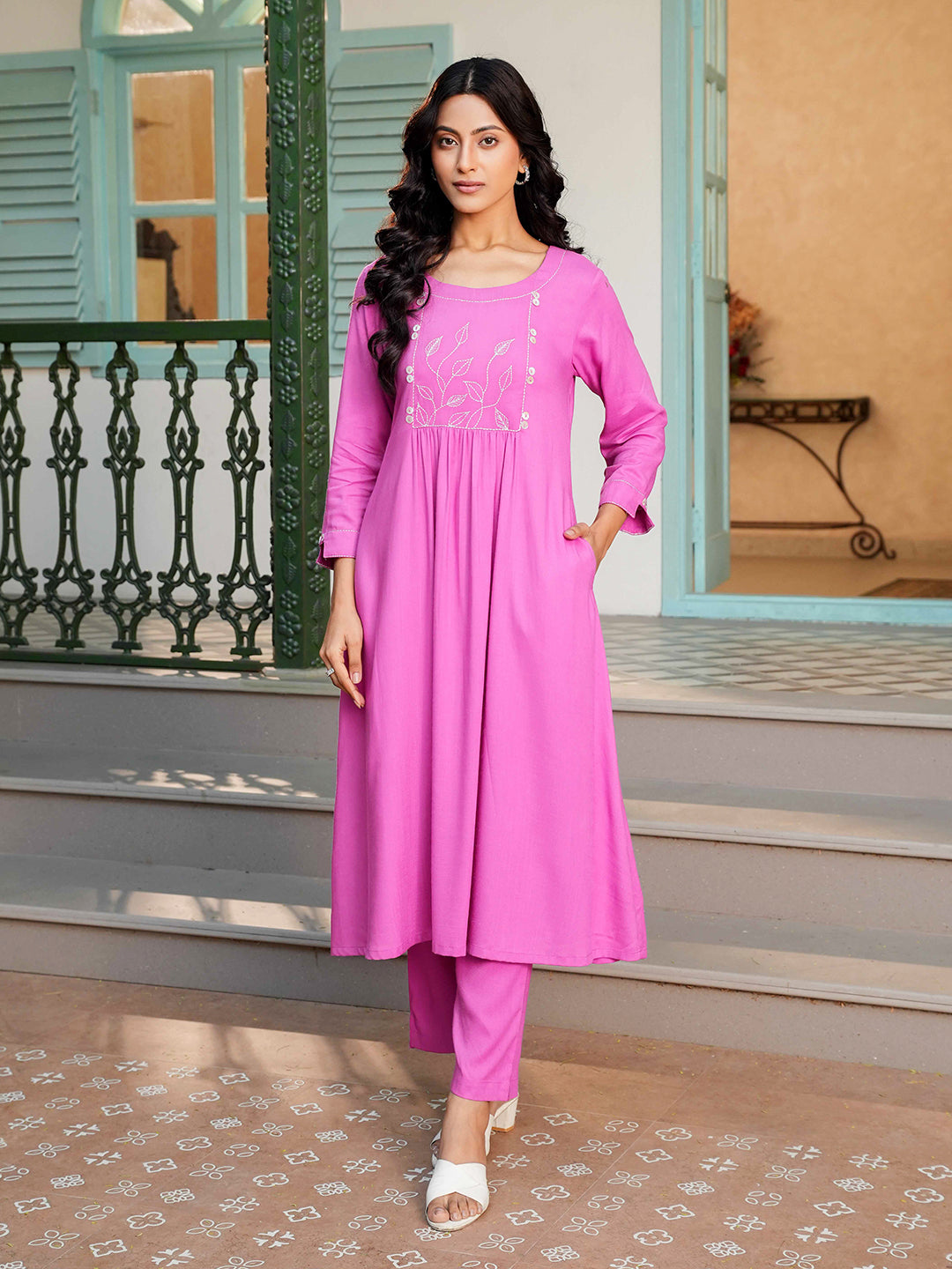Lilac Blush Embroidered Rayon Kurta Set