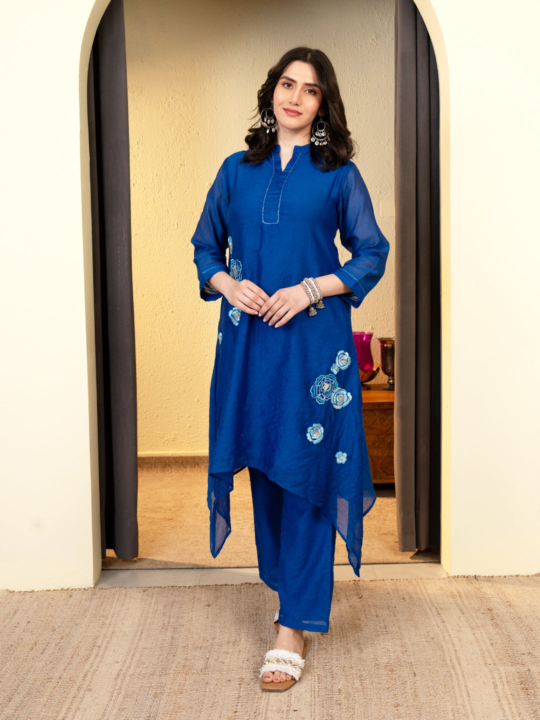 Blue Chanderi A-Line Co-ord Set with Mandarin Collar