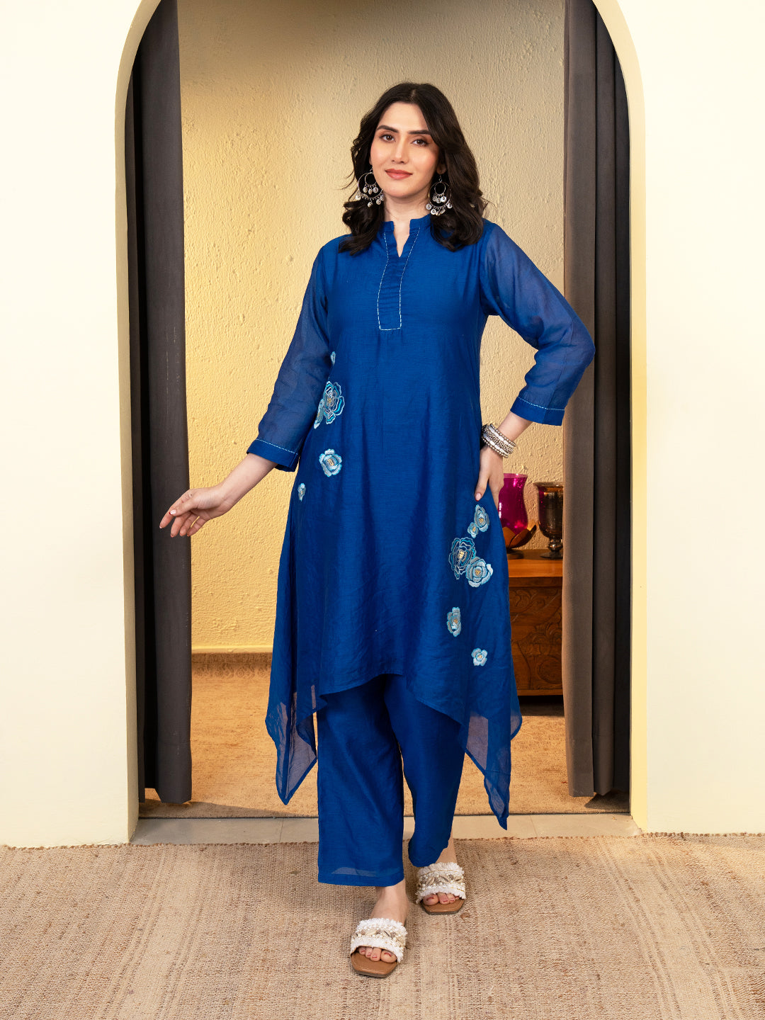 Blue Chanderi A-Line Co-ord Set with Mandarin Collar