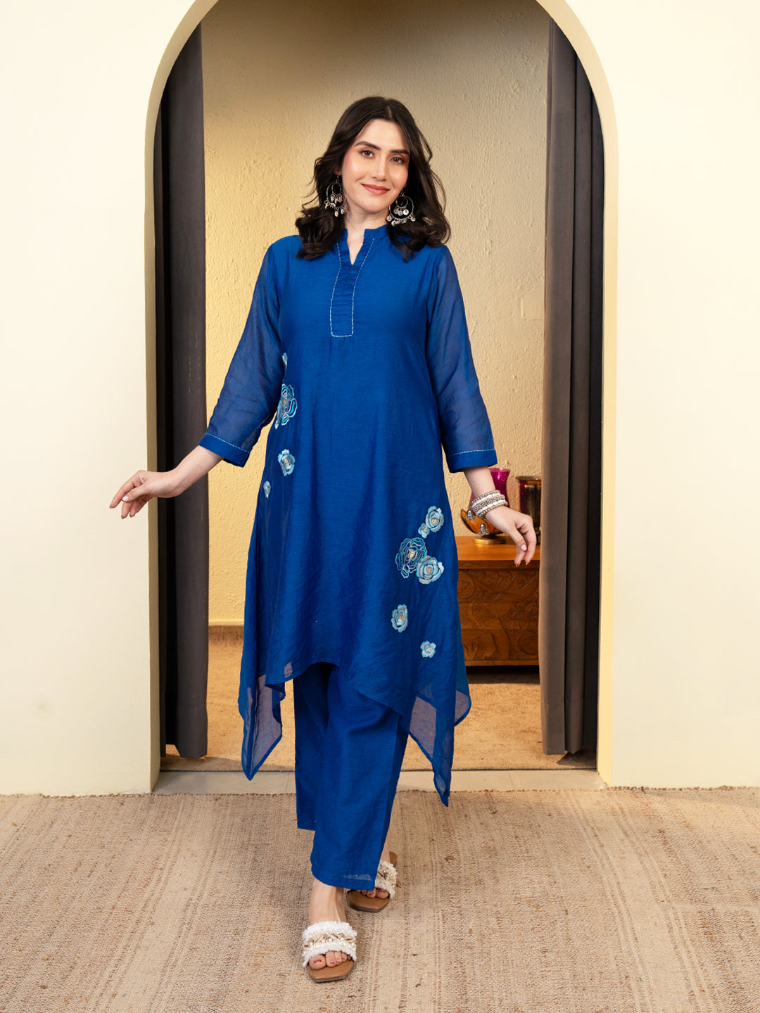 Blue Chanderi A-Line Co-ord Set with Mandarin Collar