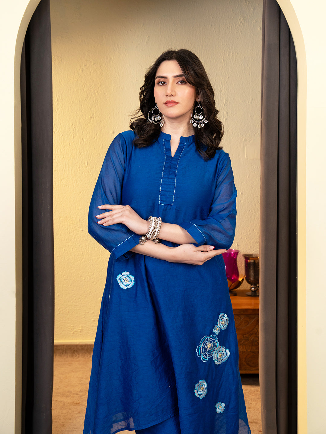 Blue Chanderi A-Line Co-ord Set with Mandarin Collar