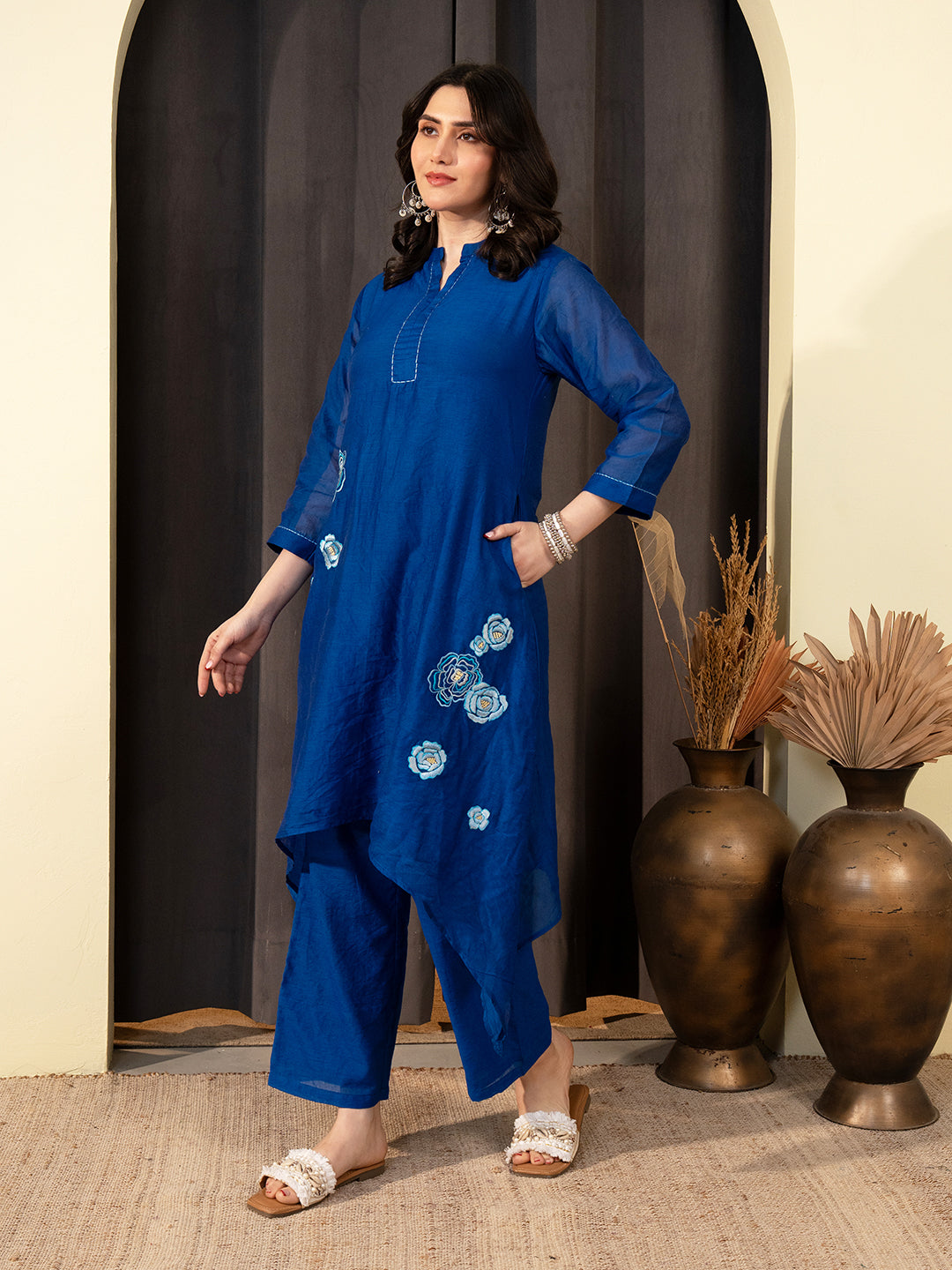 Blue Chanderi A-Line Co-ord Set with Mandarin Collar