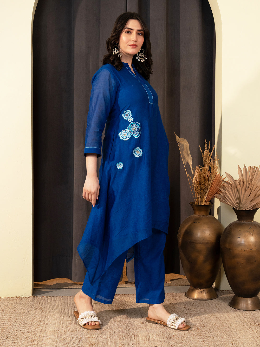 Blue Chanderi A-Line Co-ord Set with Mandarin Collar