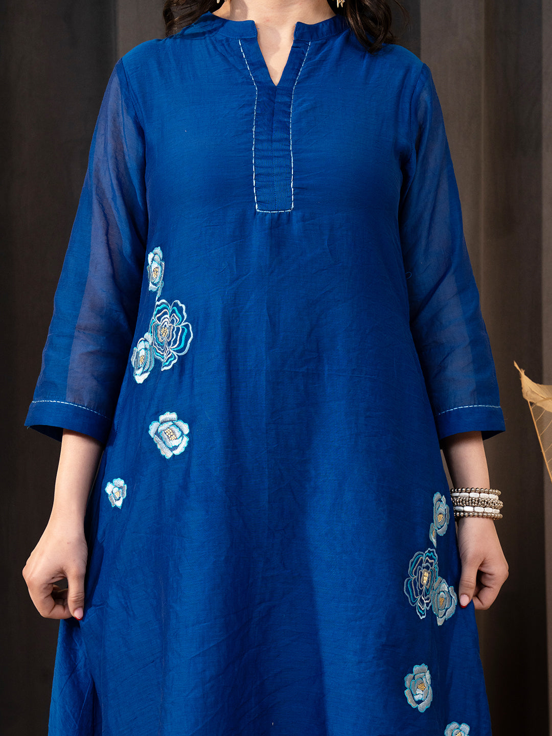 Blue Chanderi A-Line Co-ord Set with Mandarin Collar