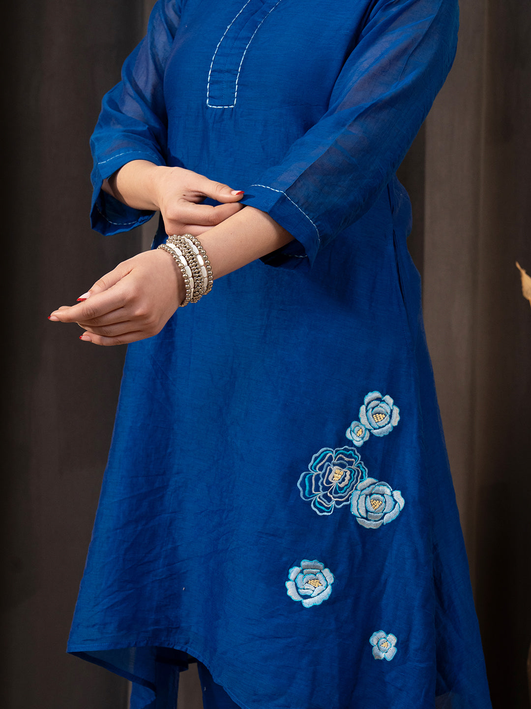 Blue Chanderi A-Line Co-ord Set with Mandarin Collar