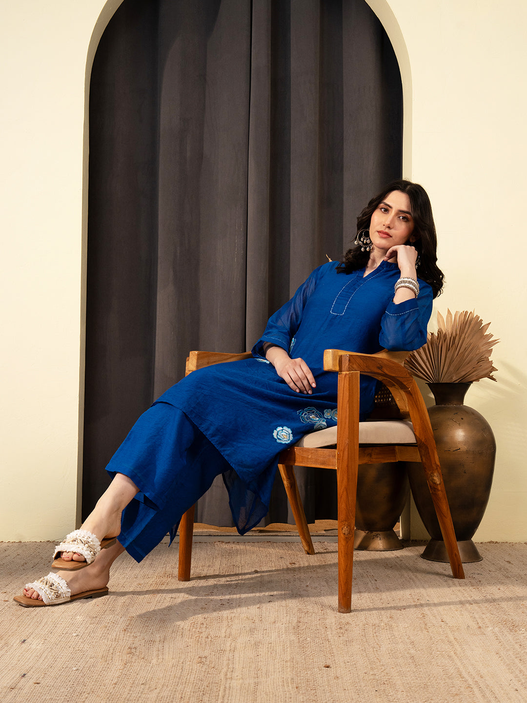 Blue Chanderi A-Line Co-ord Set with Mandarin Collar