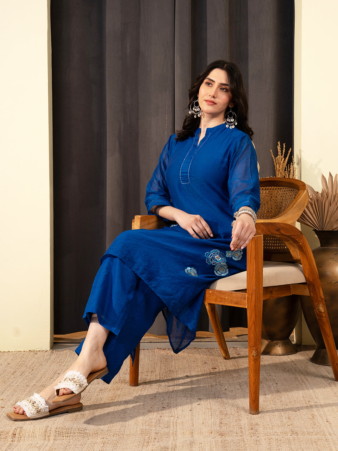 Blue Chanderi A-Line Co-ord Set with Mandarin Collar
