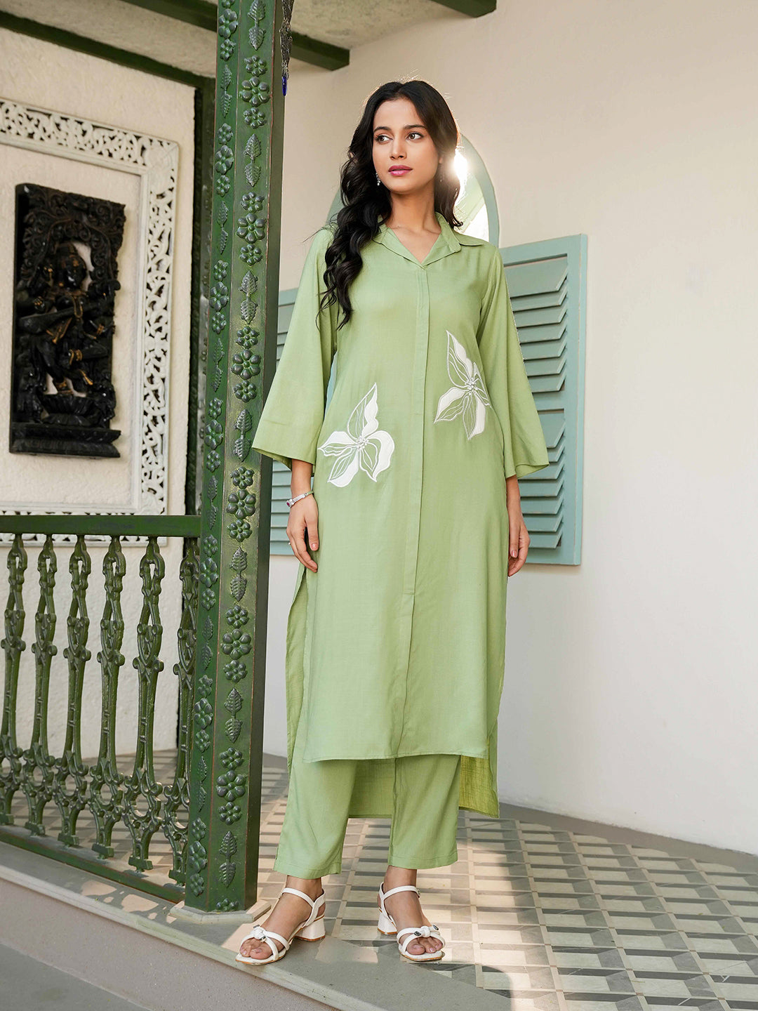 Olive Green Patch Embroidered Rayon Kurta Set