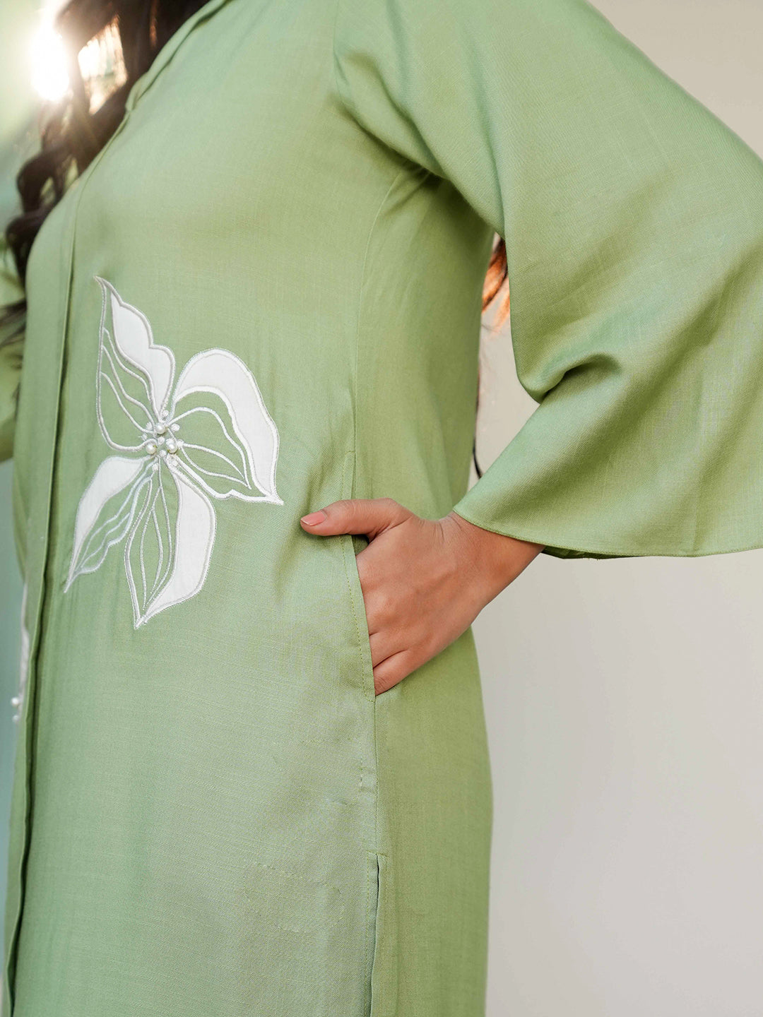 Olive Green Patch Embroidered Rayon Kurta Set