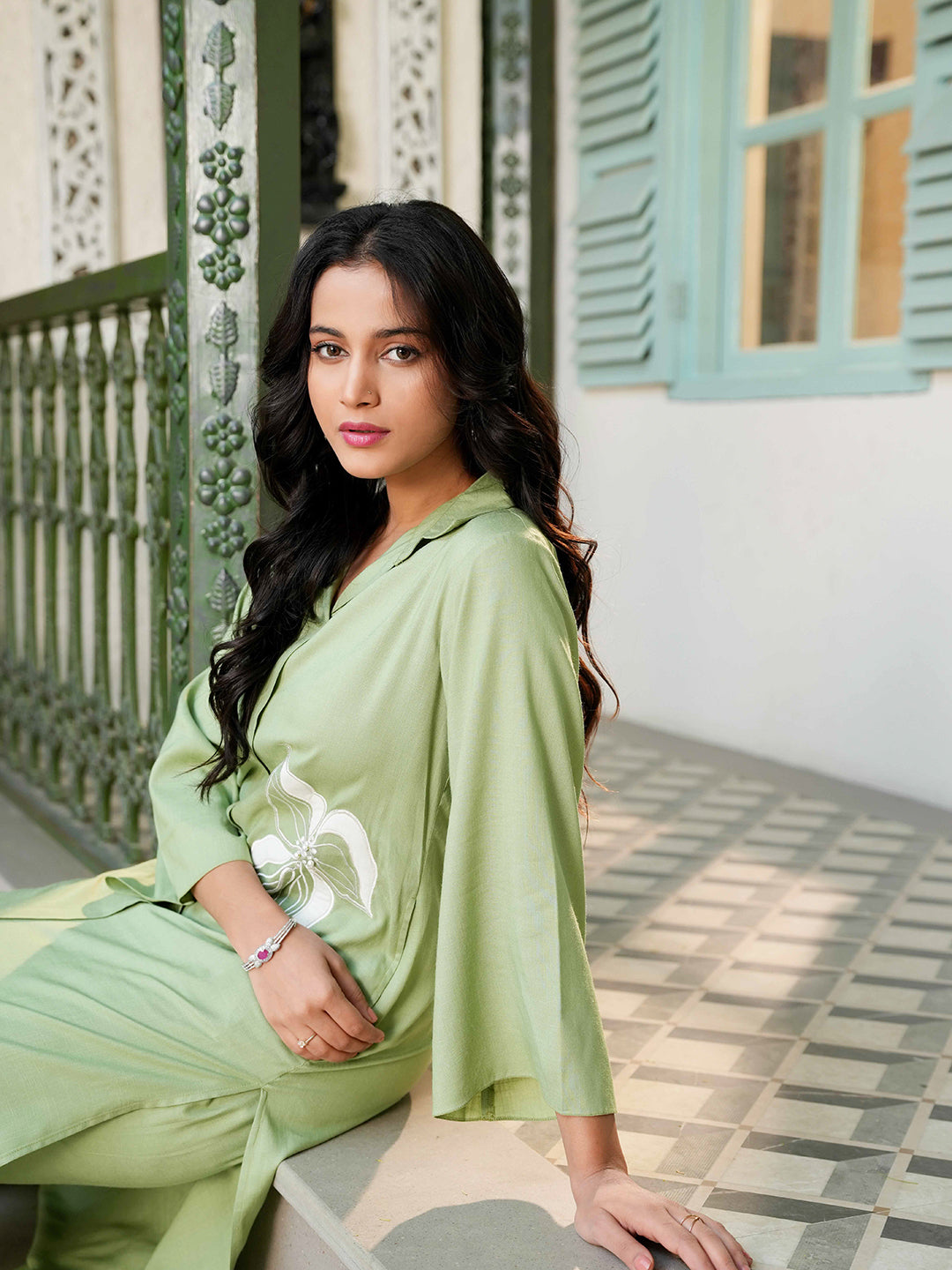 Olive Green Patch Embroidered Rayon Kurta Set