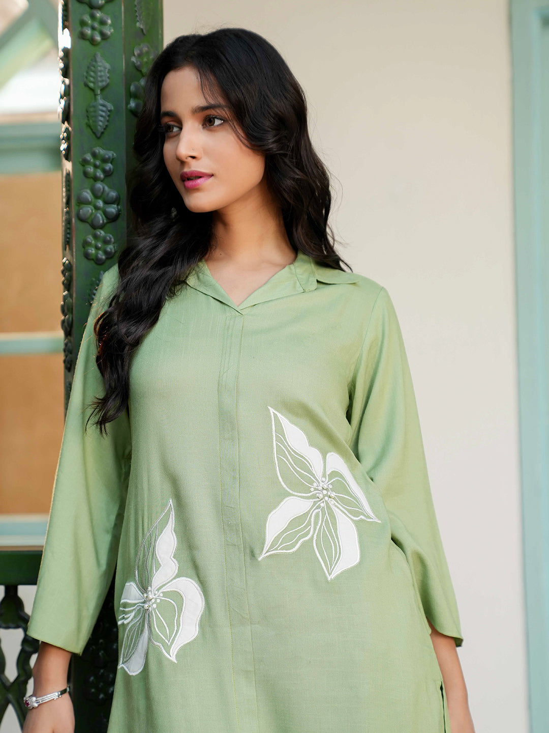 Olive Green Patch Embroidered Rayon Kurta Set