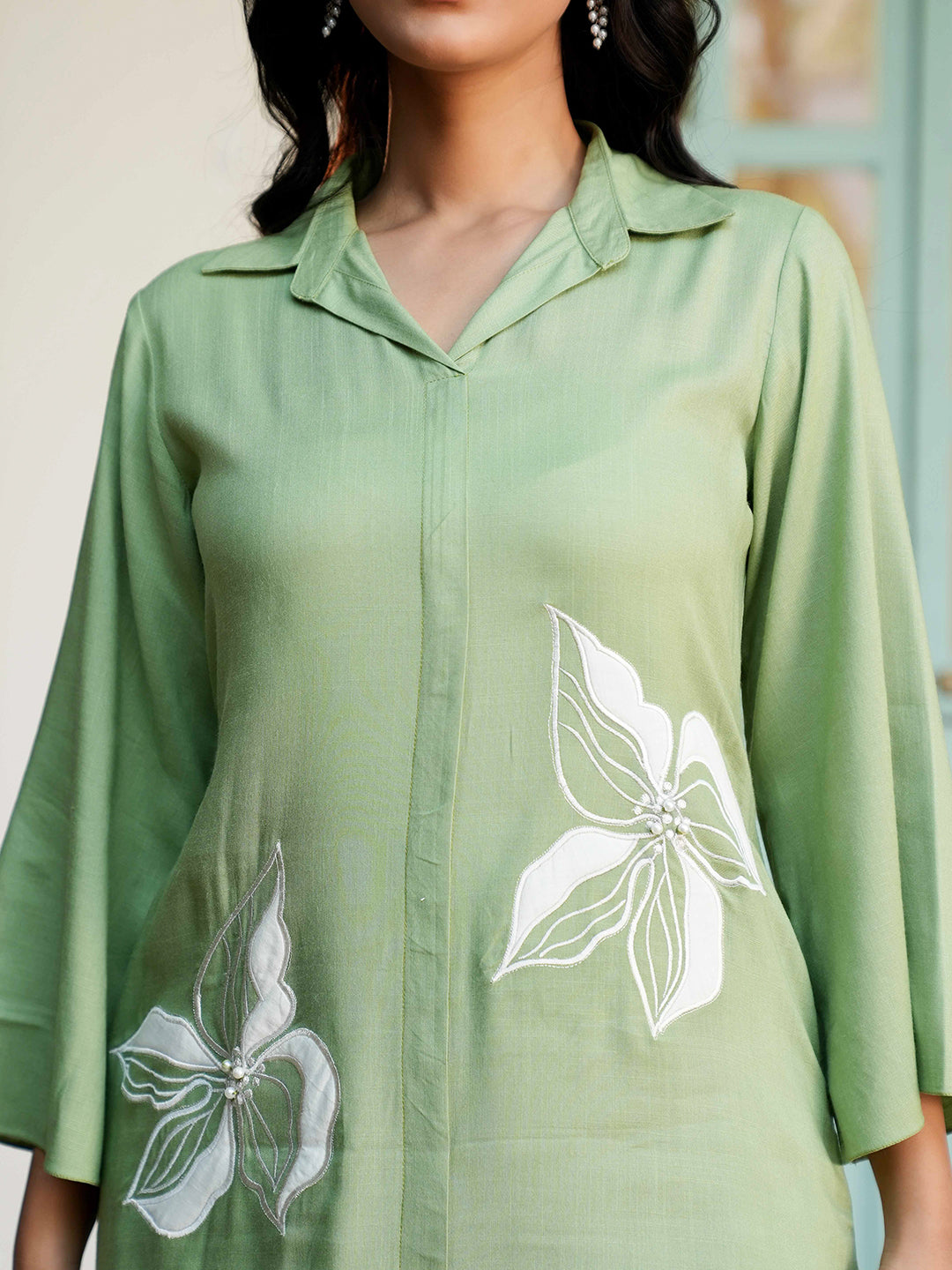 Olive Green Patch Embroidered Rayon Kurta Set