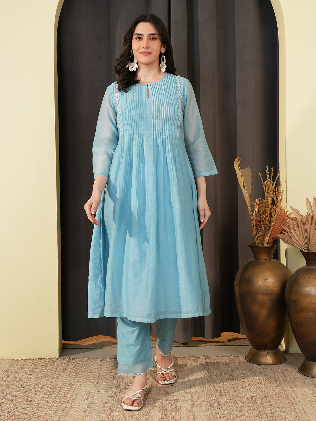 Powder Blue Embroidered Chanderi Kurta Set & Dupatta