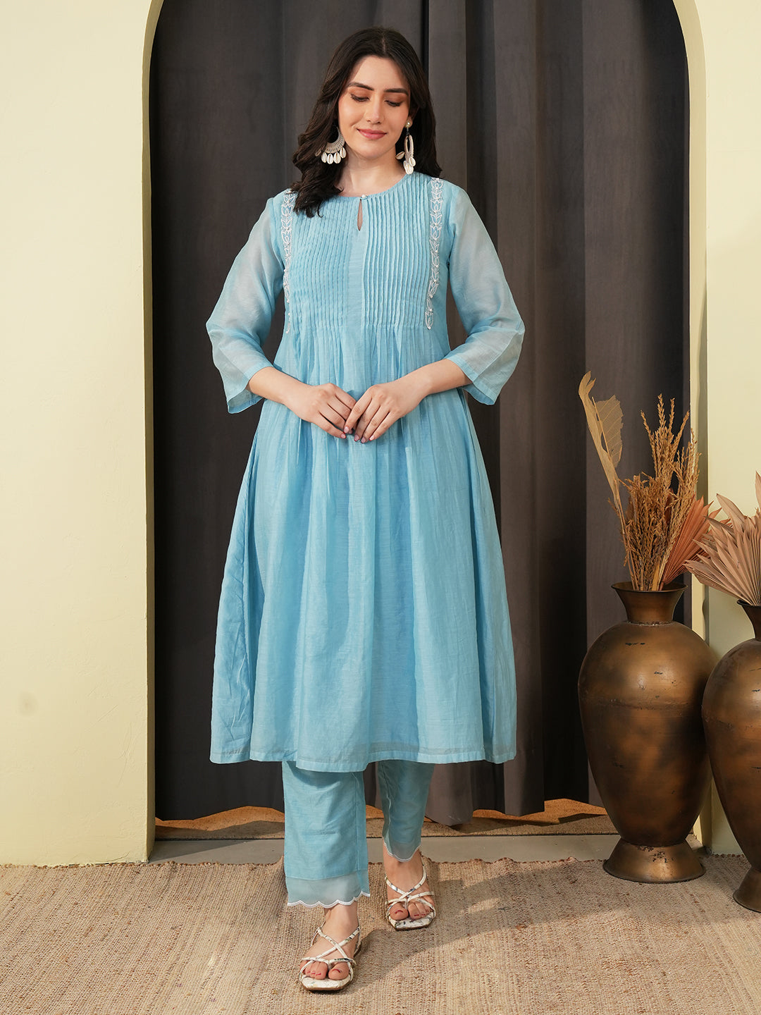 Powder Blue Embroidered Chanderi Kurta Set & Dupatta