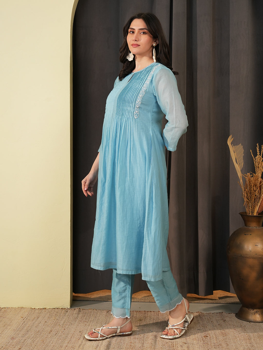 Powder Blue Embroidered Chanderi Kurta Set & Dupatta