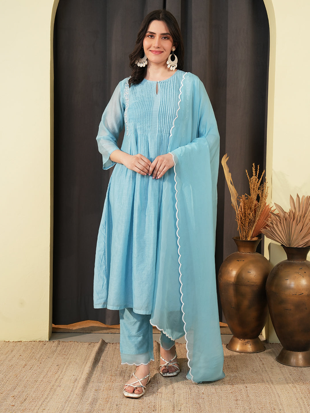 Powder Blue Embroidered Chanderi Kurta Set & Dupatta