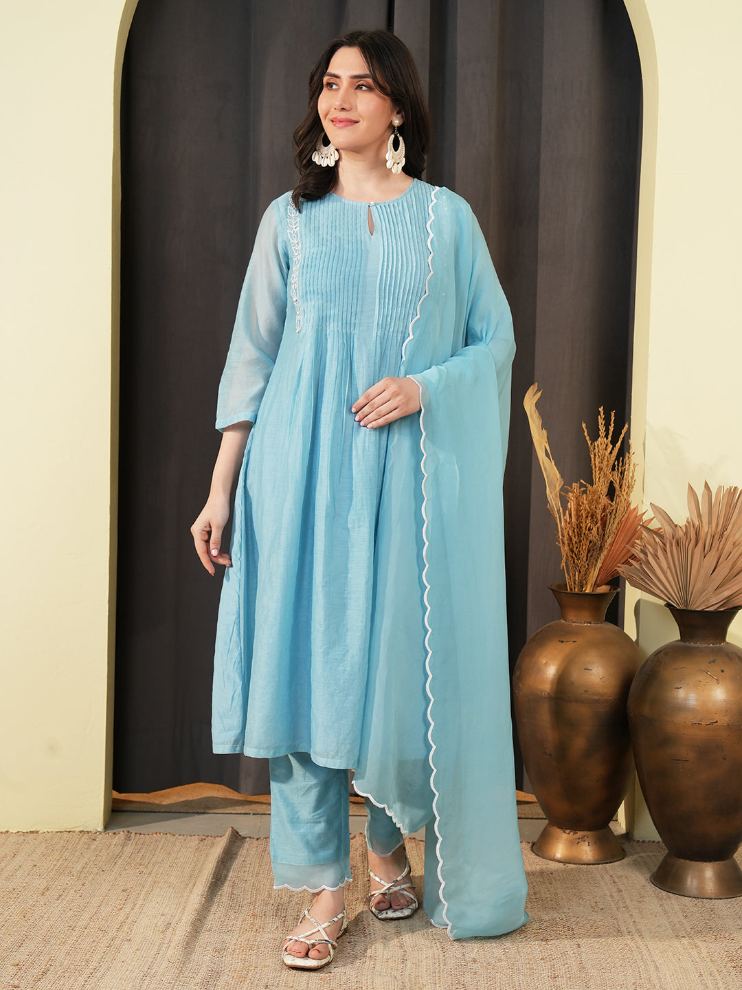 Powder Blue Embroidered Chanderi Kurta Set & Dupatta