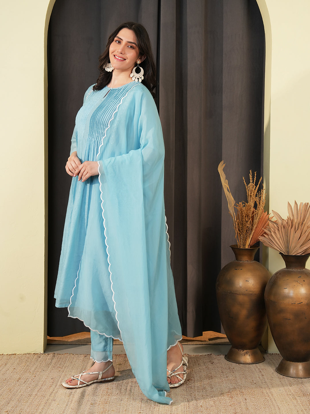 Powder Blue Embroidered Chanderi Kurta Set & Dupatta