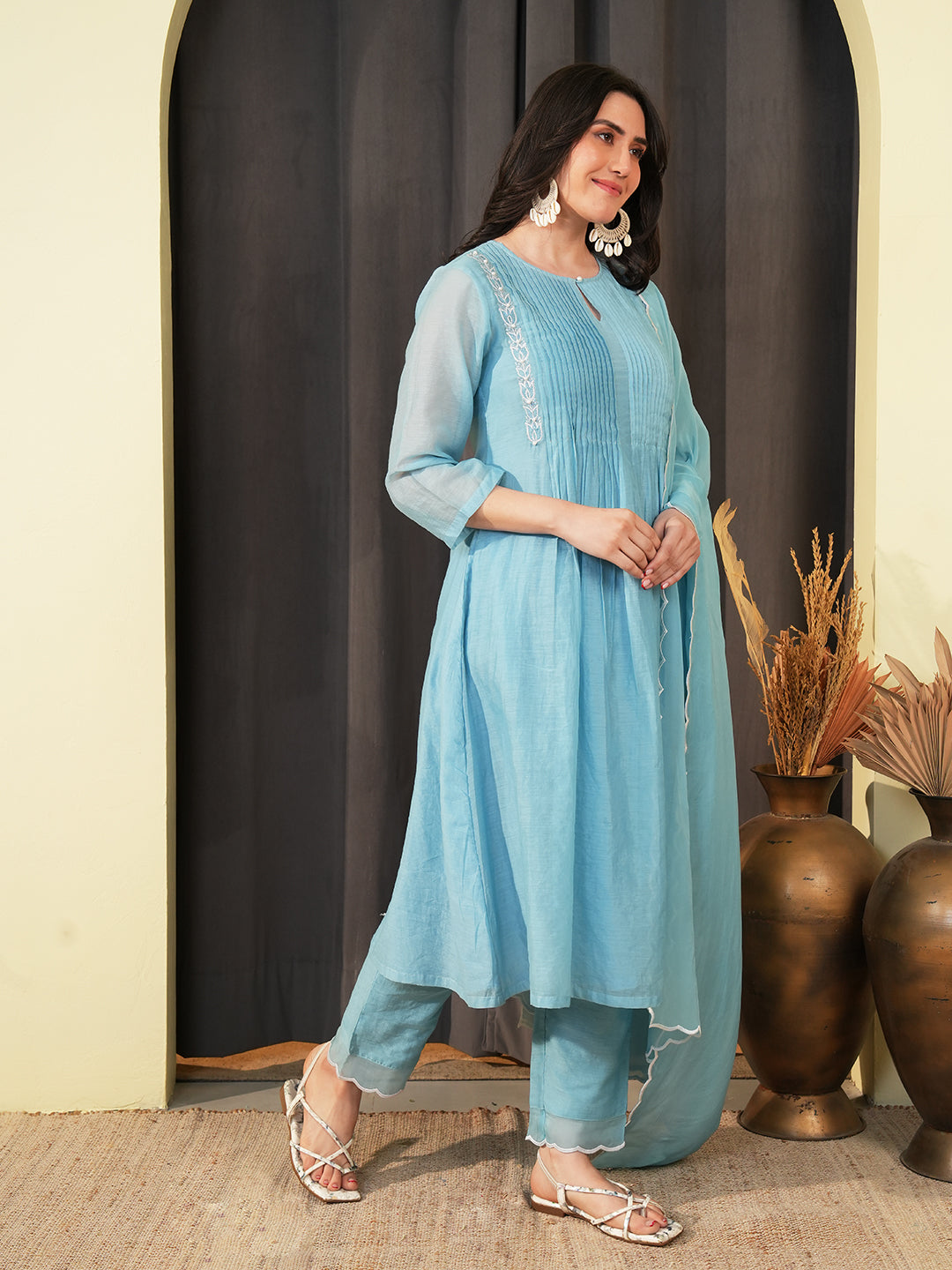 Powder Blue Embroidered Chanderi Kurta Set & Dupatta