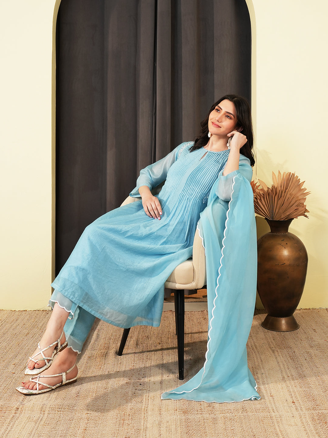 Powder Blue Embroidered Chanderi Kurta Set & Dupatta