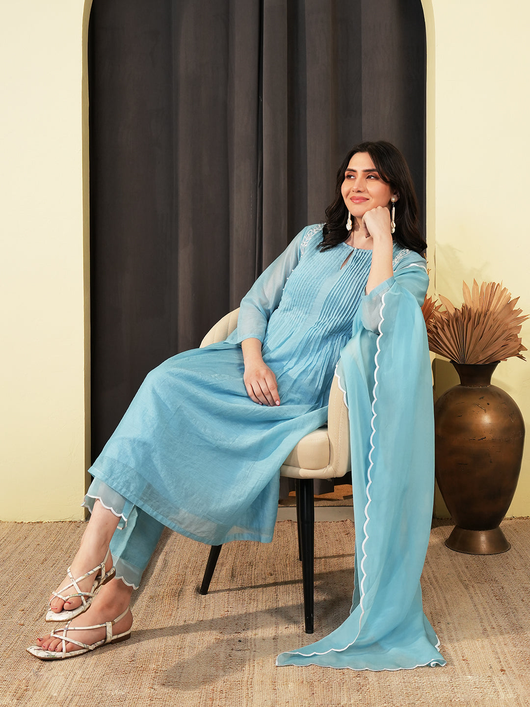 Powder Blue Embroidered Chanderi Kurta Set & Dupatta