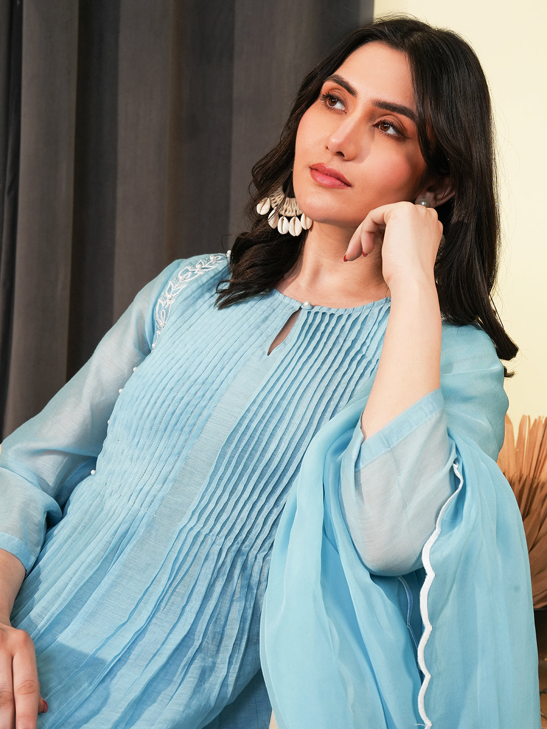 Powder Blue Embroidered Chanderi Kurta Set & Dupatta