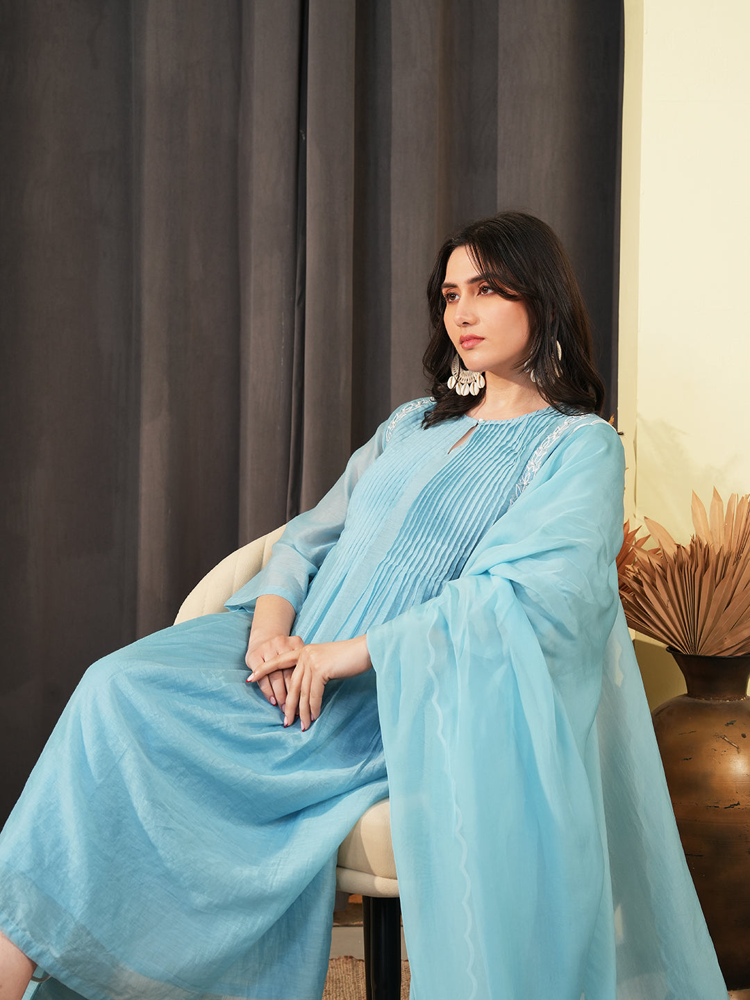 Powder Blue Embroidered Chanderi Kurta Set & Dupatta