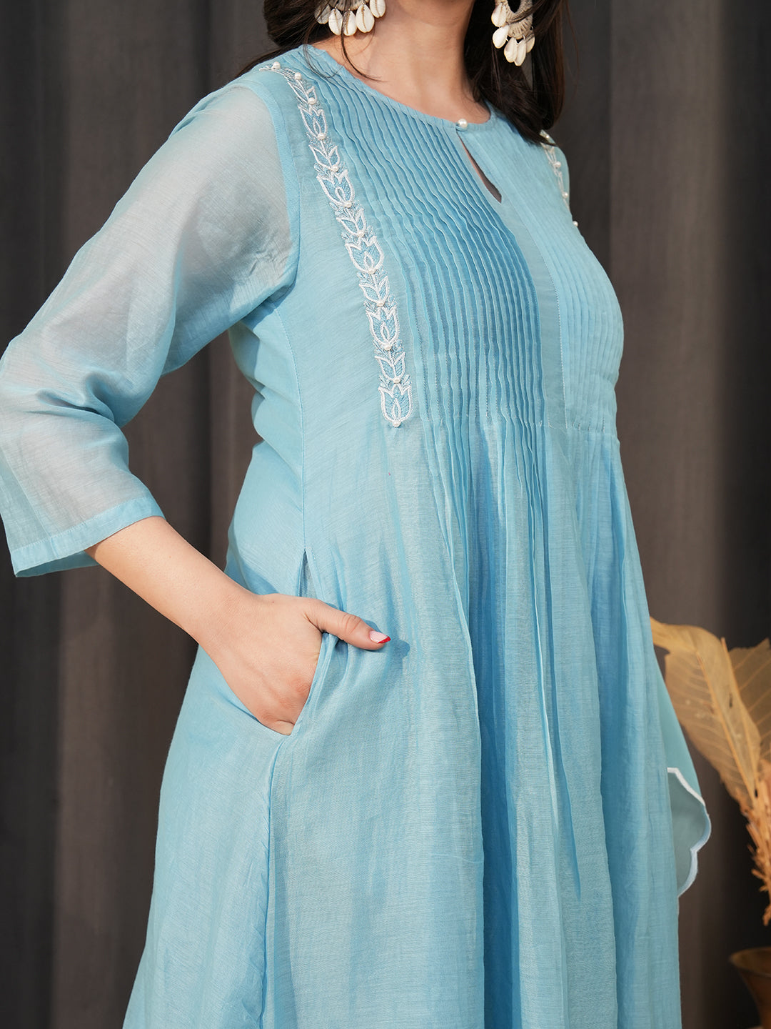 Powder Blue Embroidered Chanderi Kurta Set & Dupatta
