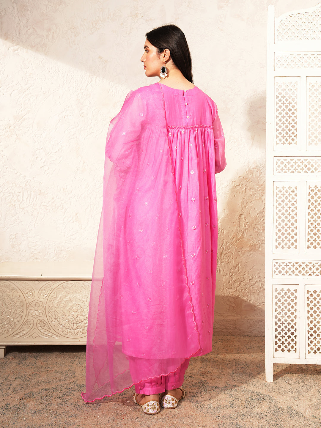 Pink Embroidered Chanderi Kurta Set & Dupatta