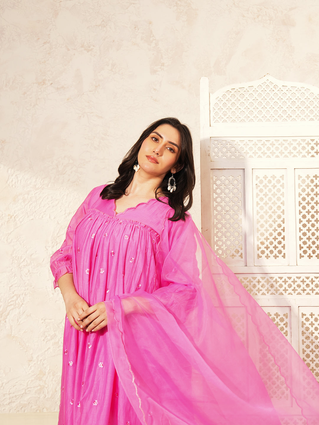 Pink Embroidered Chanderi Kurta Set & Dupatta