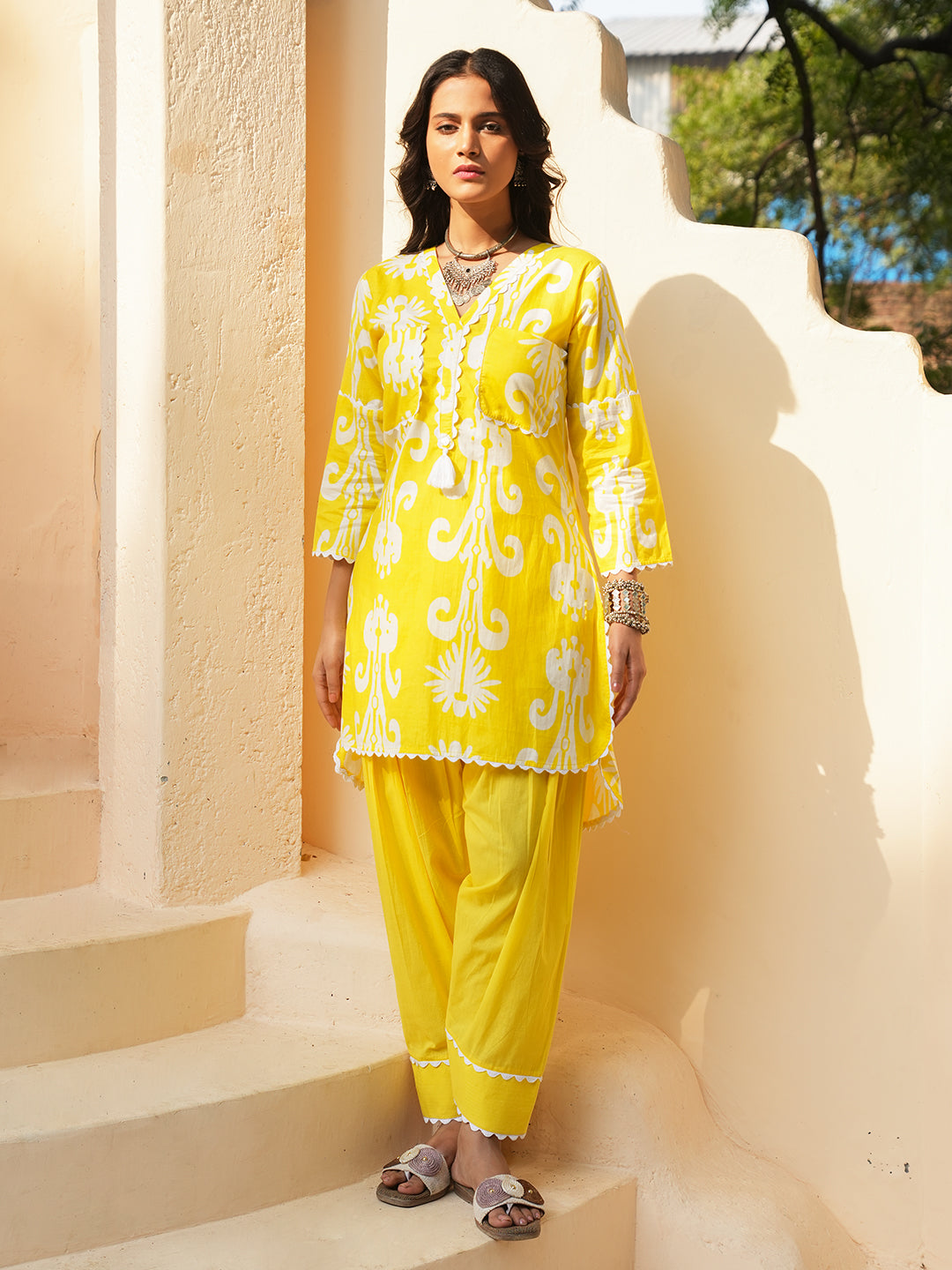 Yellow Ikkat Lace Cotton Co-ord Set