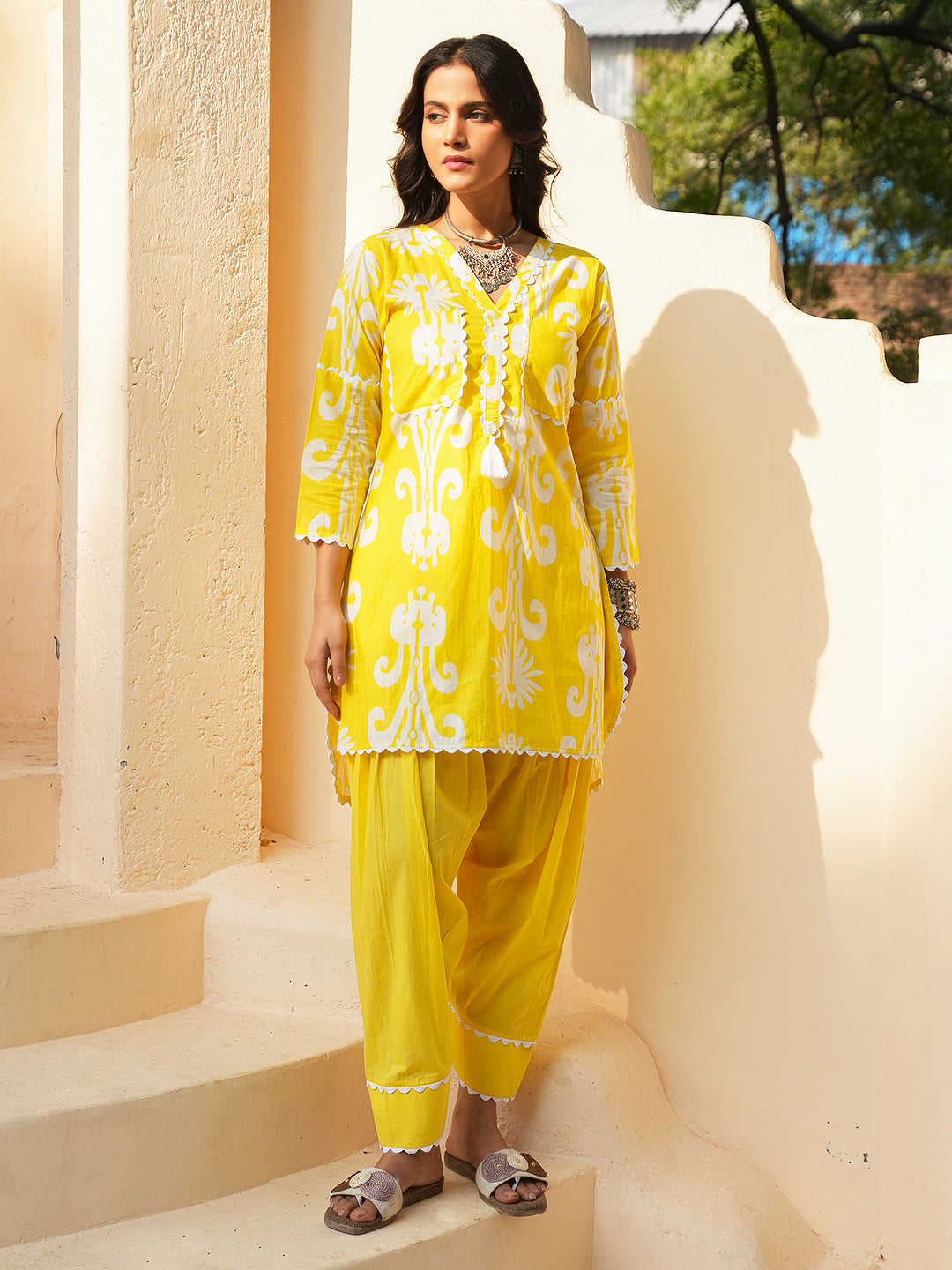 Yellow Ikkat Lace Cotton Co-ord Set