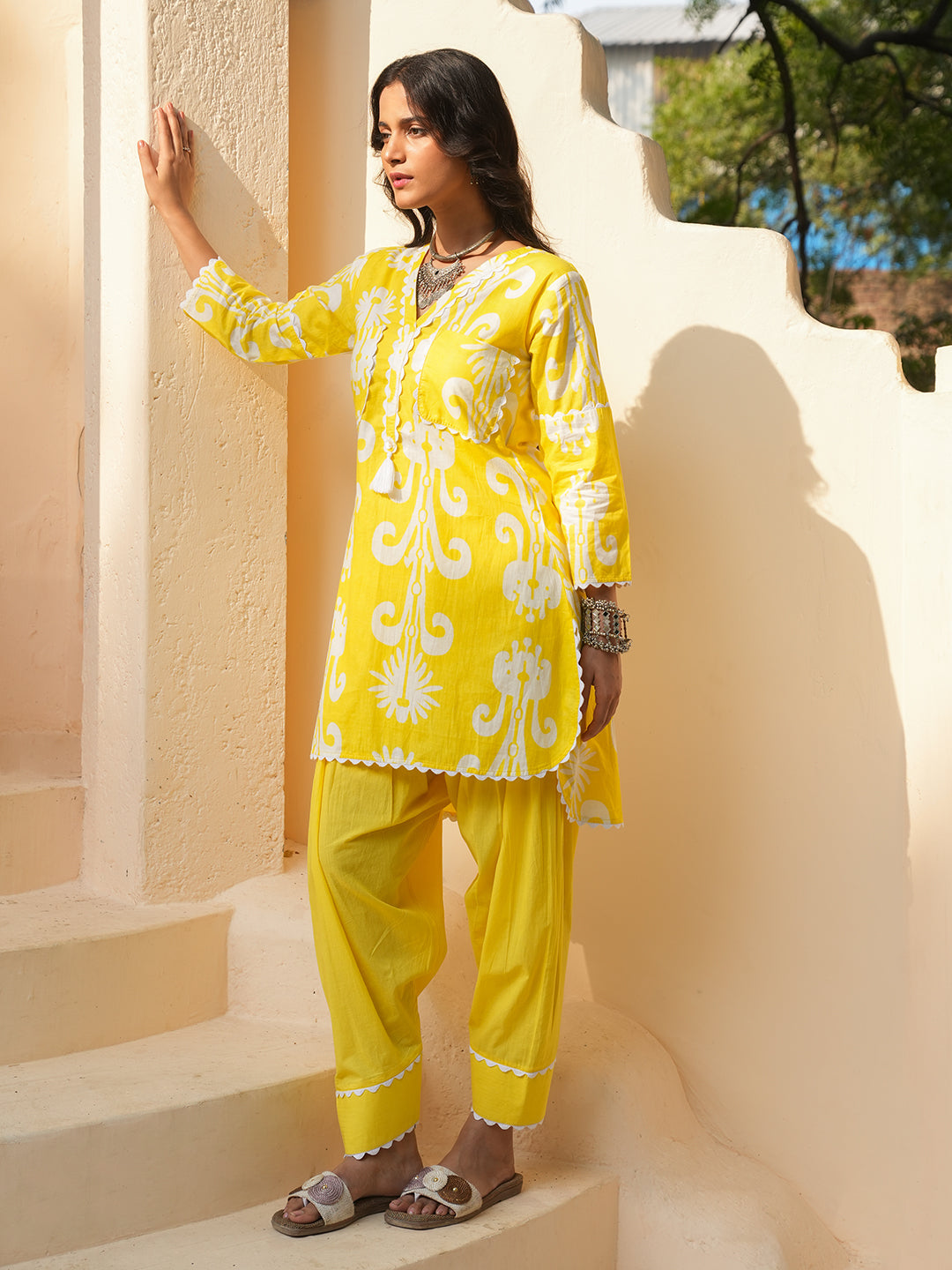 Yellow Ikkat Lace Cotton Co-ord Set