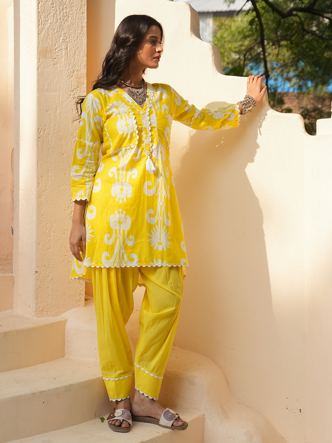 Yellow Ikkat Lace Cotton Co-ord Set