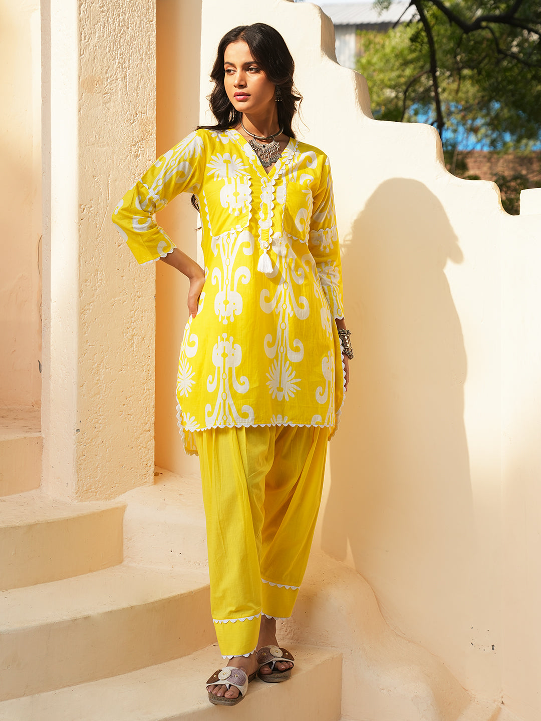 Yellow Ikkat Lace Cotton Co-ord Set