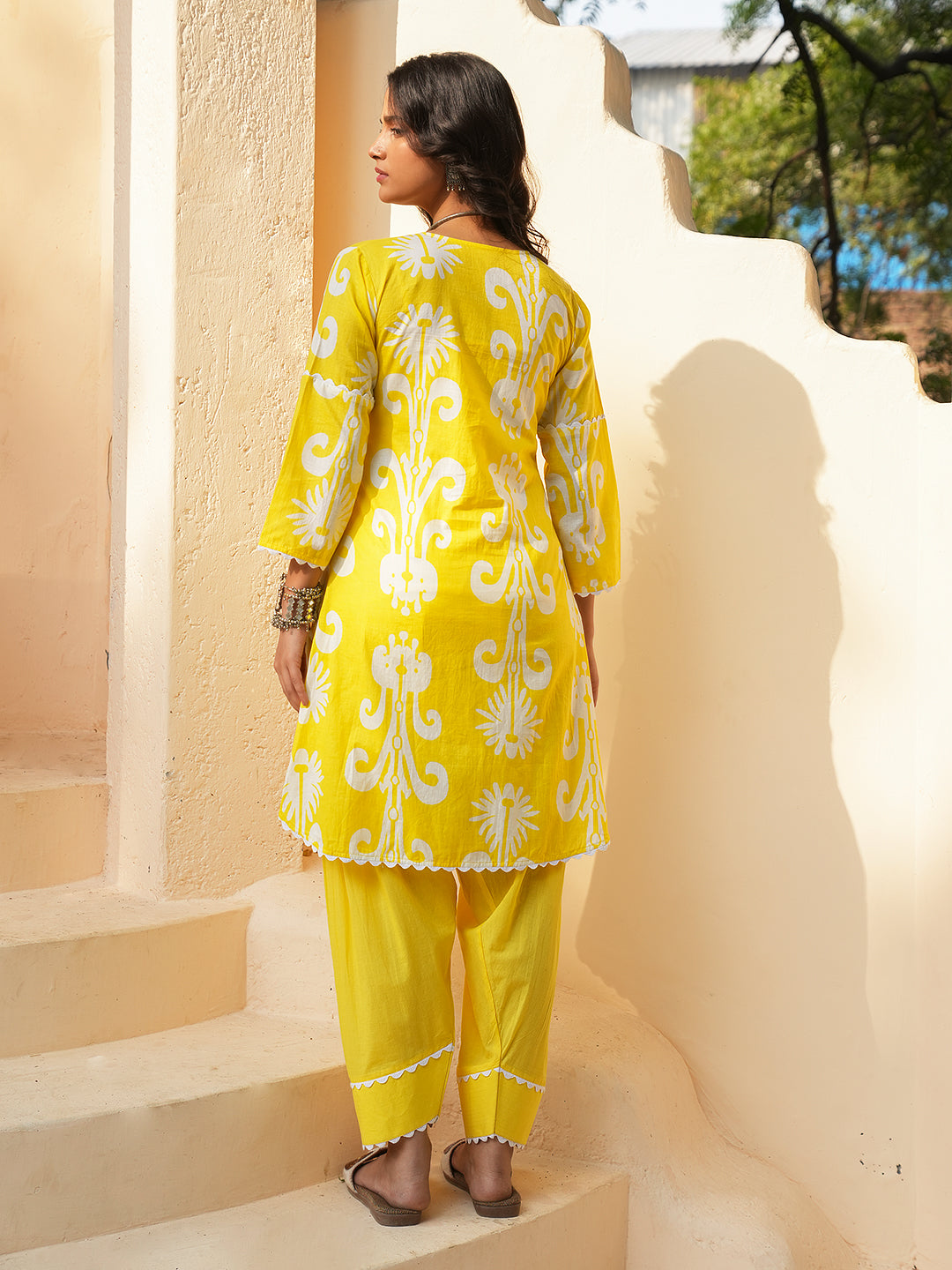 Yellow Ikkat Lace Cotton Co-ord Set