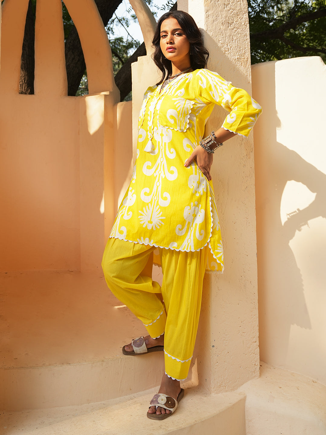 Yellow Ikkat Lace Cotton Co-ord Set