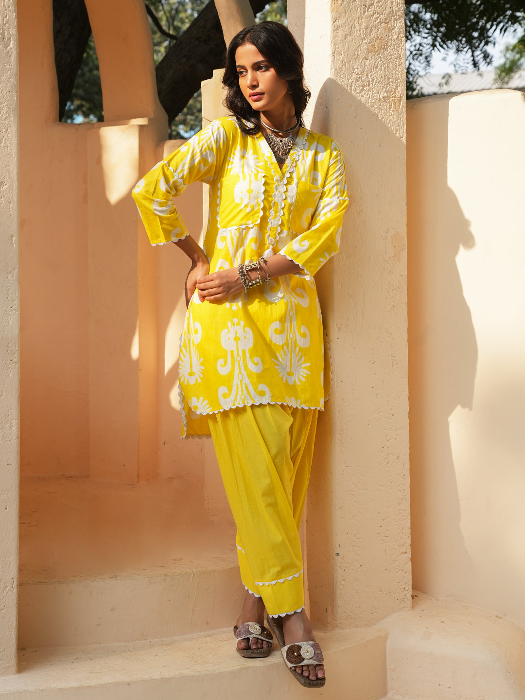 Yellow Ikkat Lace Cotton Co-ord Set