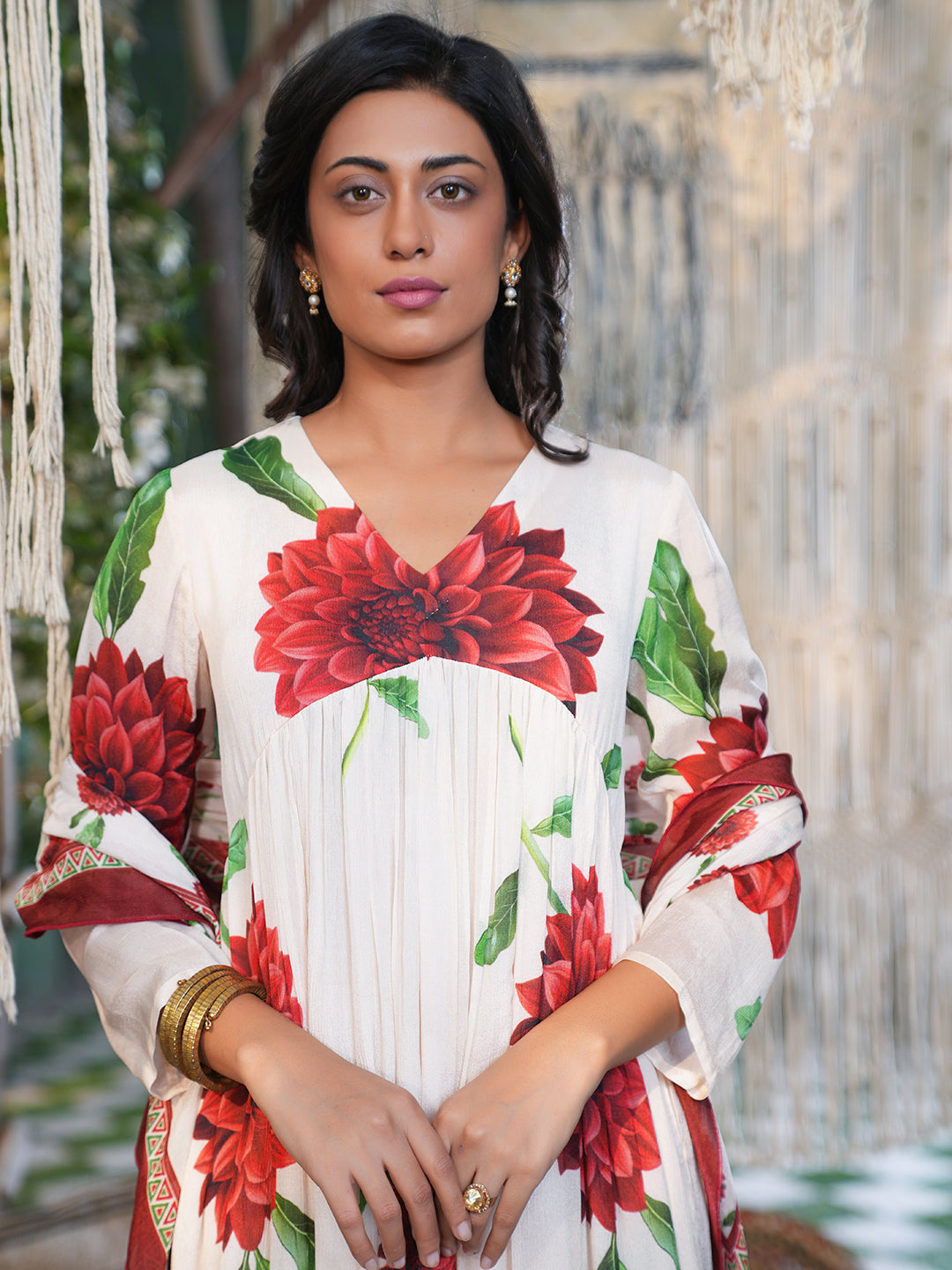 Red Hibiscus Flared Chiffon Kurta