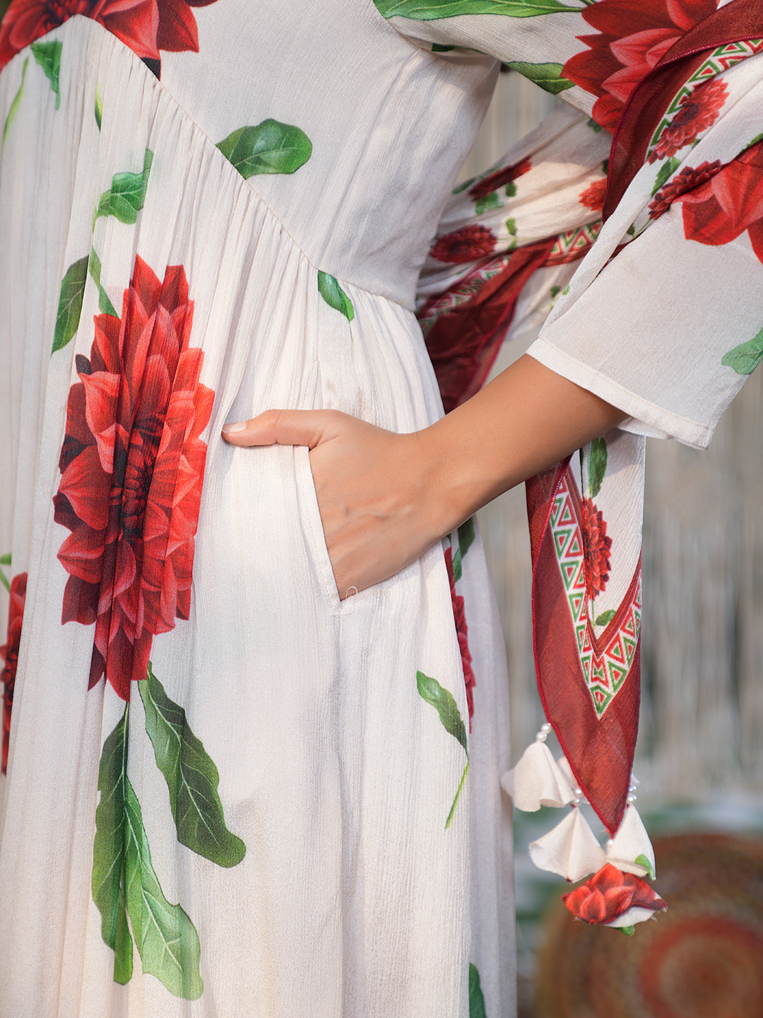 Red Hibiscus Flared Chiffon Kurta