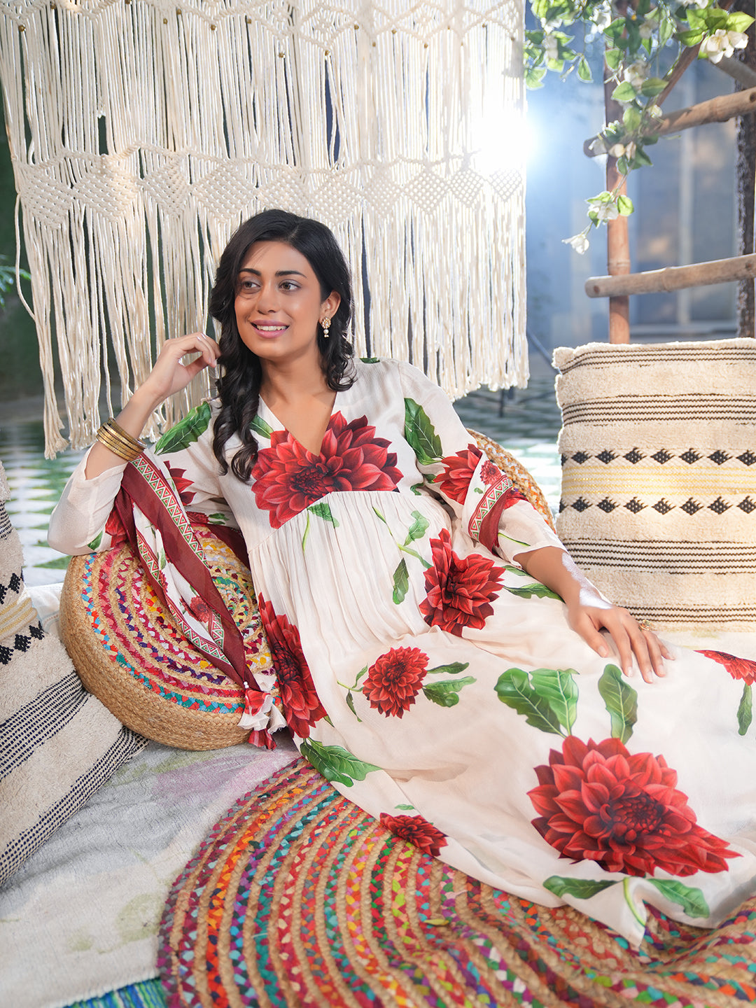 Red Hibiscus Flared Chiffon Kurta
