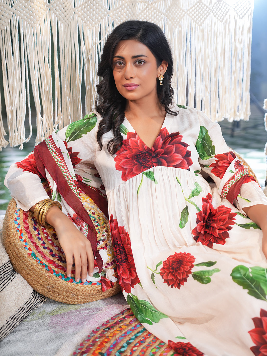 Red Hibiscus Flared Chiffon Kurta