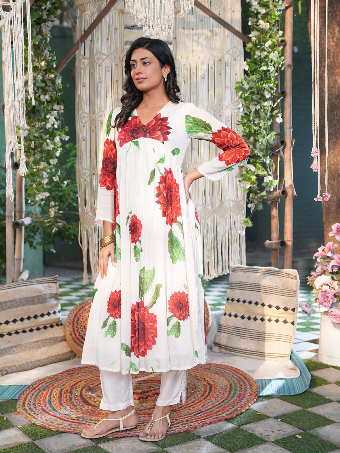 Red Hibiscus Flared Chiffon Kurta