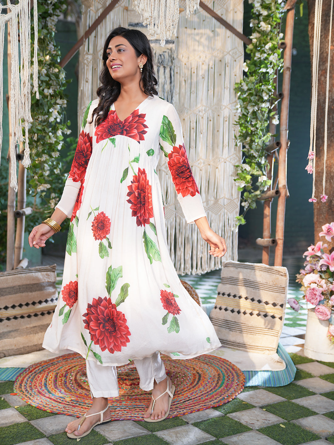 Red Hibiscus Flared Chiffon Kurta