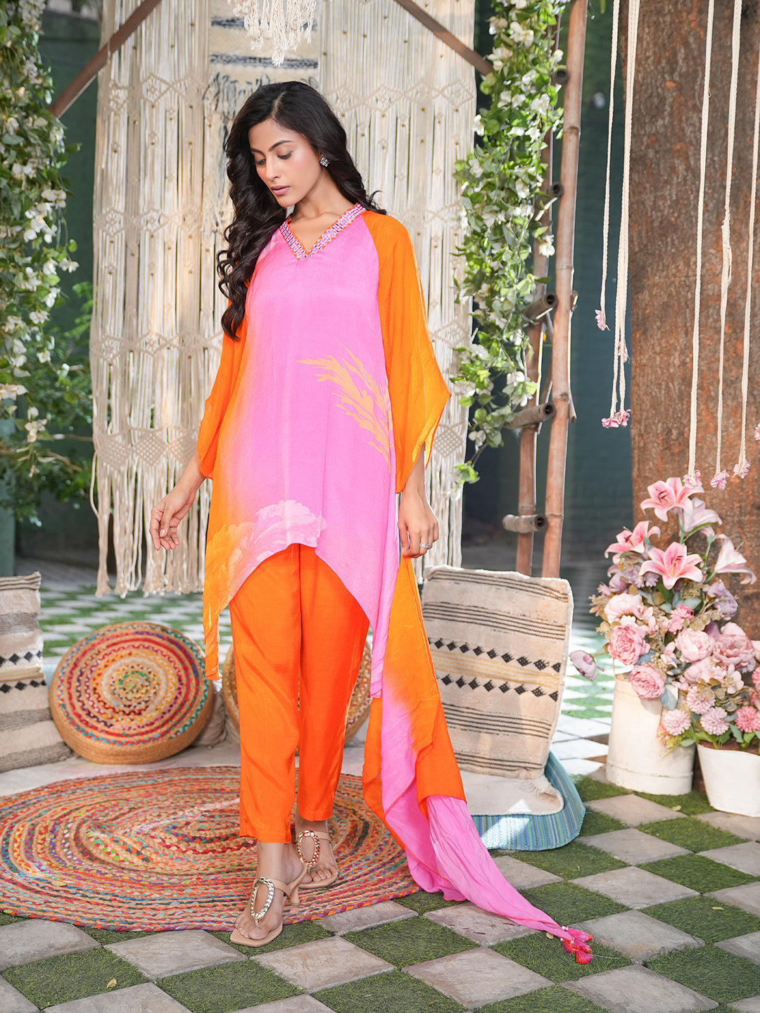 orange pink shaded chinon chiffon Kurta