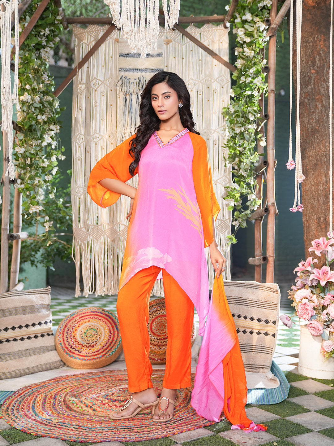 orange pink shaded chinon chiffon Kurta