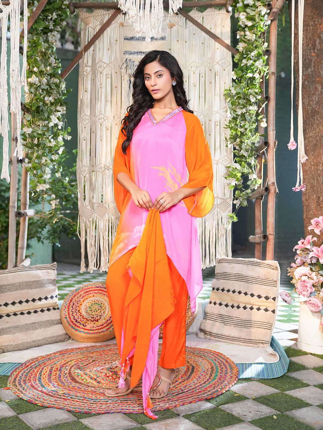orange pink shaded chinon chiffon Kurta