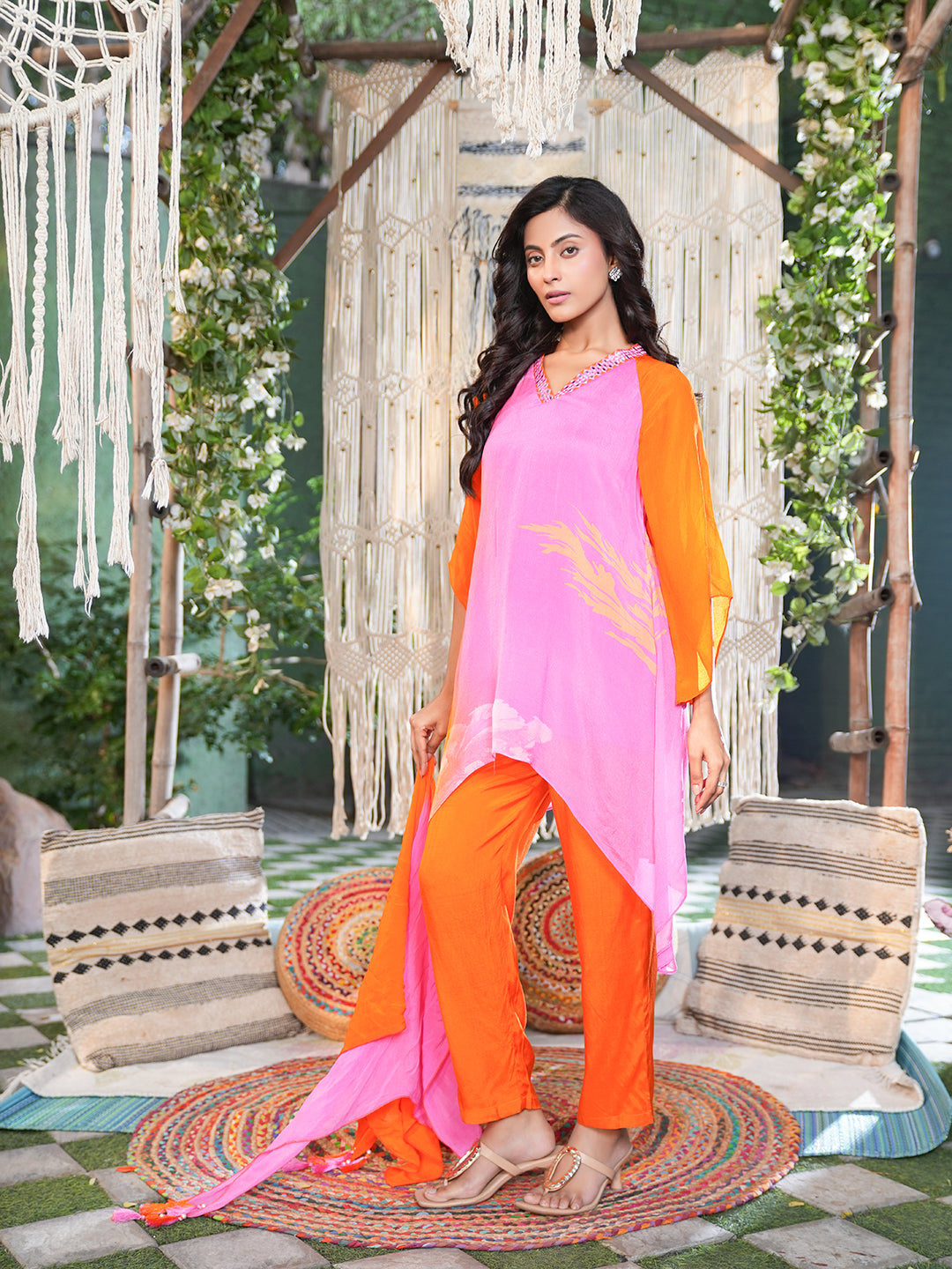 orange pink shaded chinon chiffon Kurta